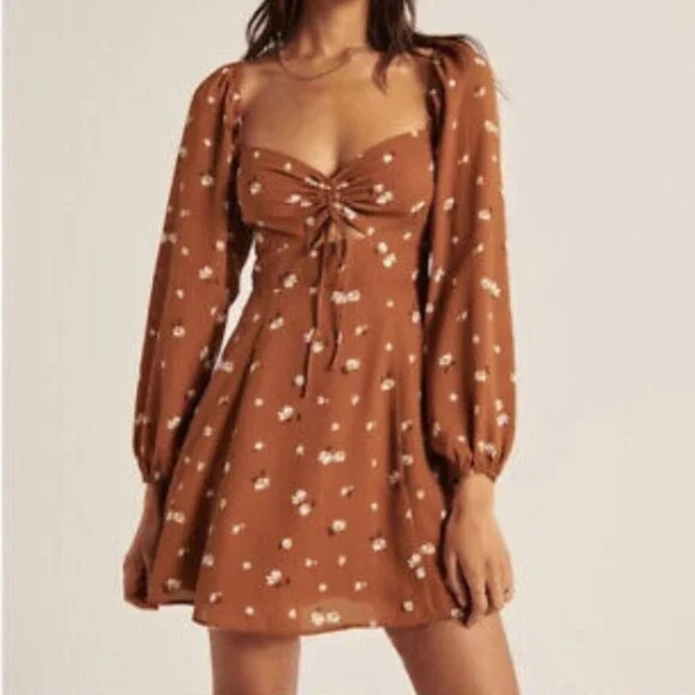 Abercrombie & Fitch Rust Floral Long-Sleeve Tie-Front Mini Dress